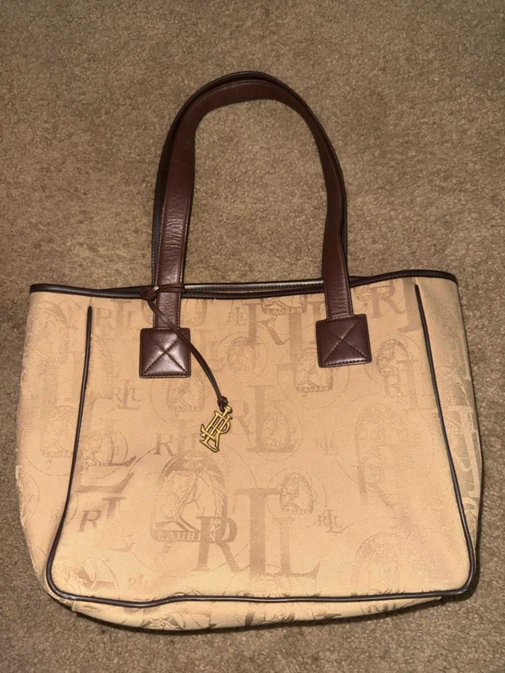 Ralph Lauren Monogram Fabric Leather Trim Tote Bag